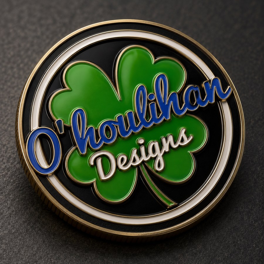 A custom challenge coin struck with the O&rsquo;Houlihan Designs shamrock in green enamel on a black field with a gold rim